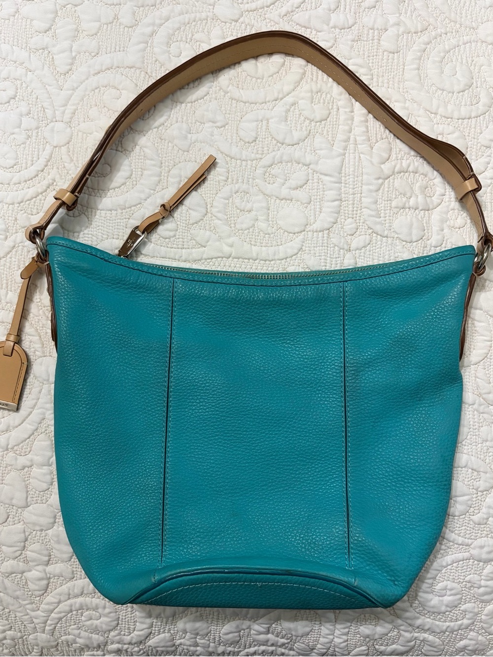 Cole Haan Teal Leather Slouch Hobo Bag with Natural Strap and Silver Hardware